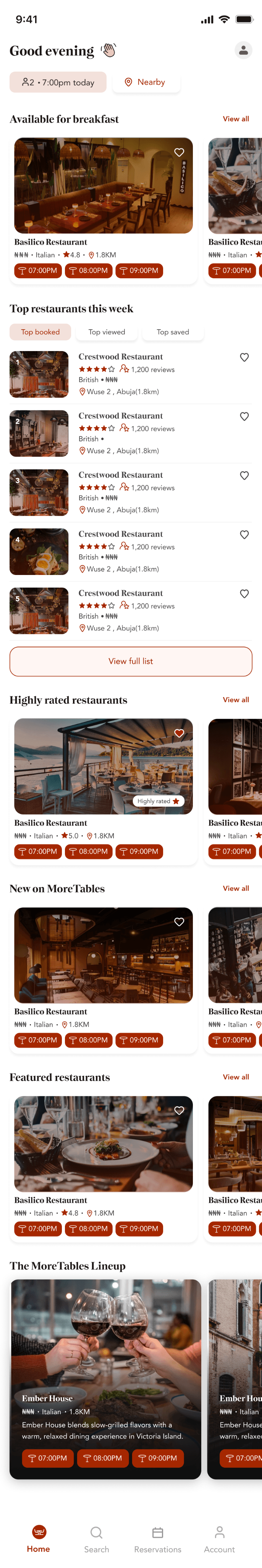 MoreTables app showing nearby restaurants